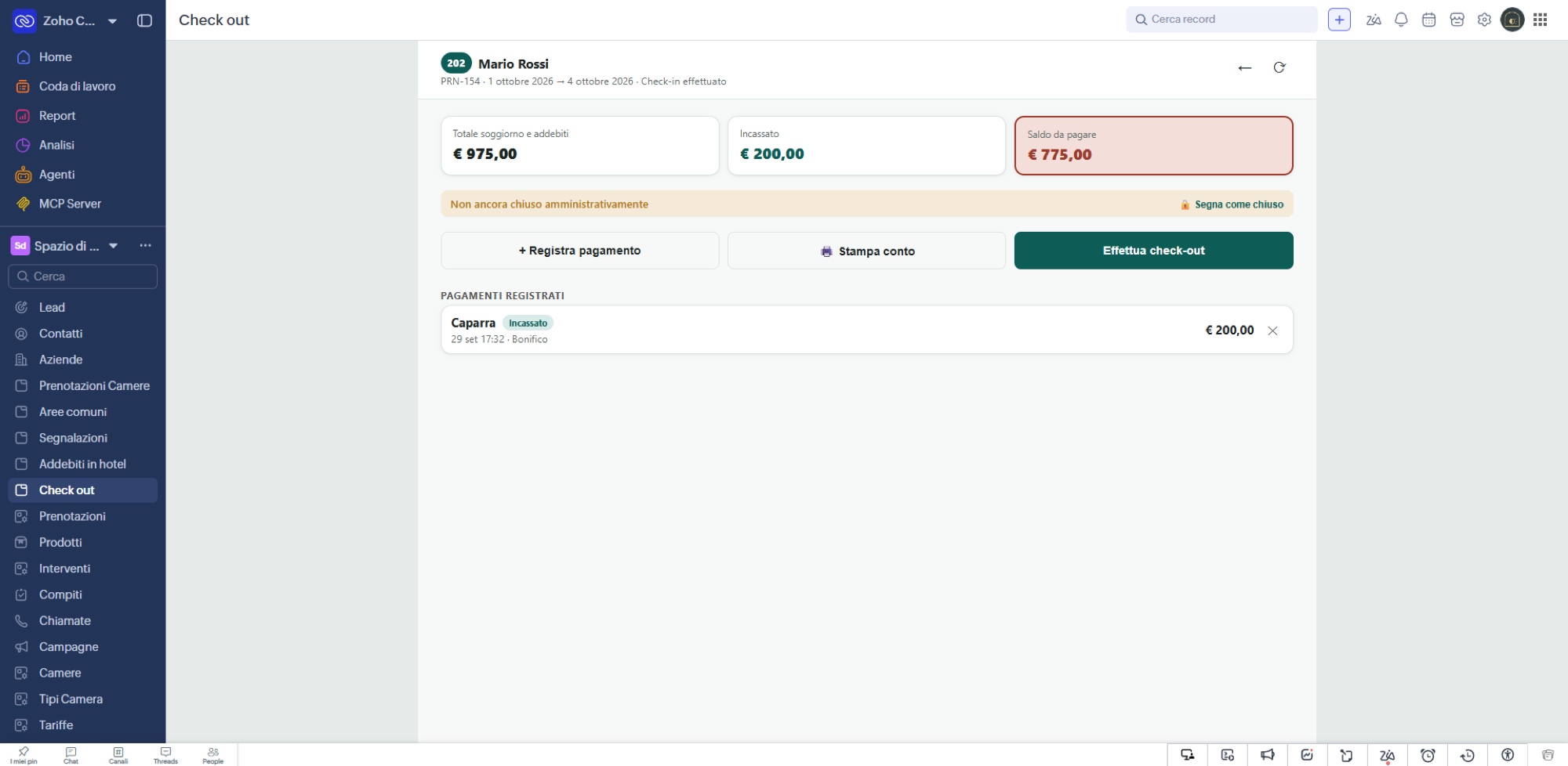 Check-out nel CRM: saldo da pagare, pagamenti registrati e chiusura del conto