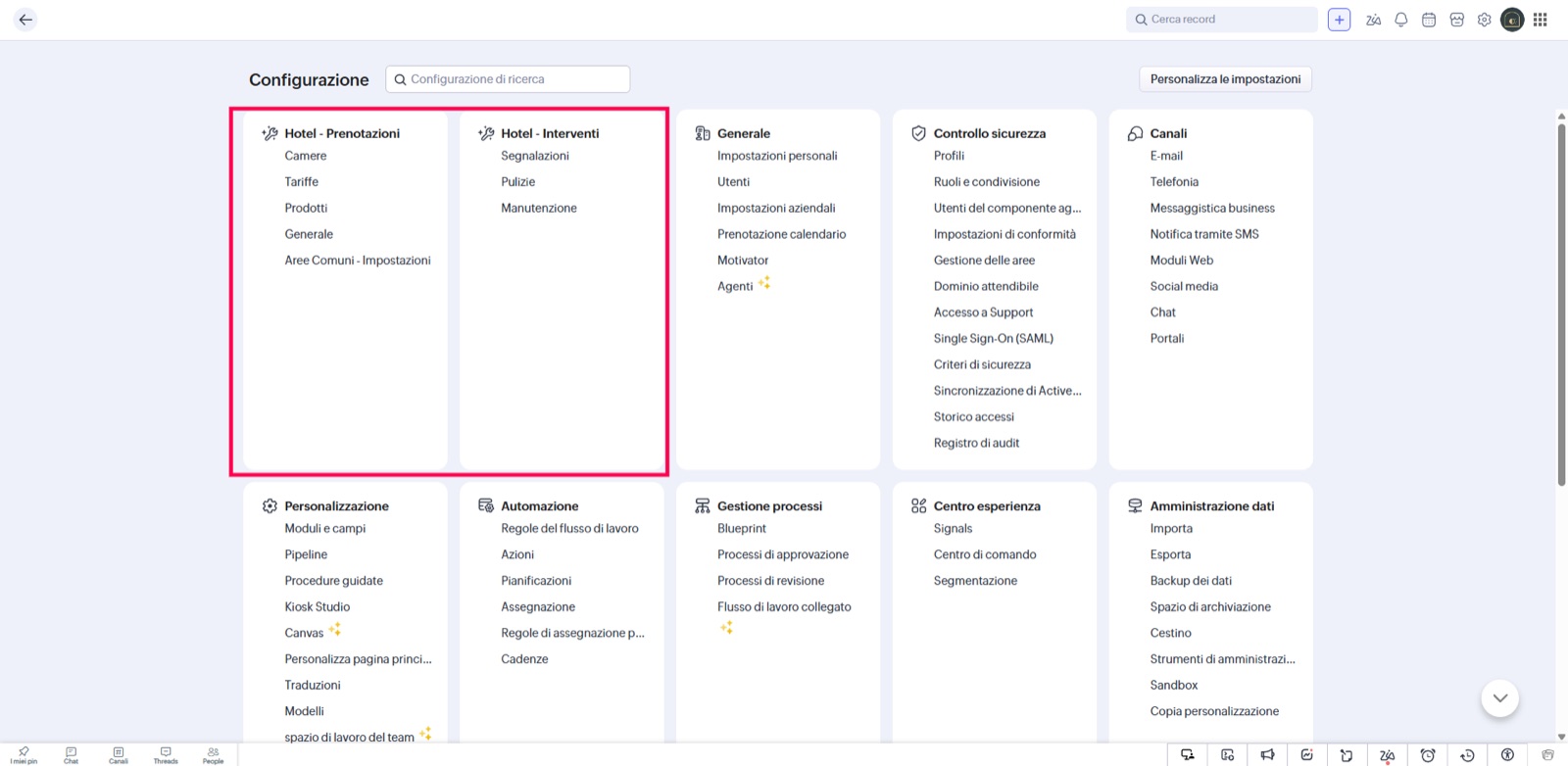 Menu di configurazione Hotel - Prenotazioni e Interventi