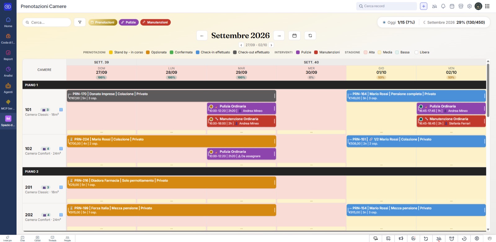 Planning camere nel CRM con prenotazioni, pulizie e manutenzioni