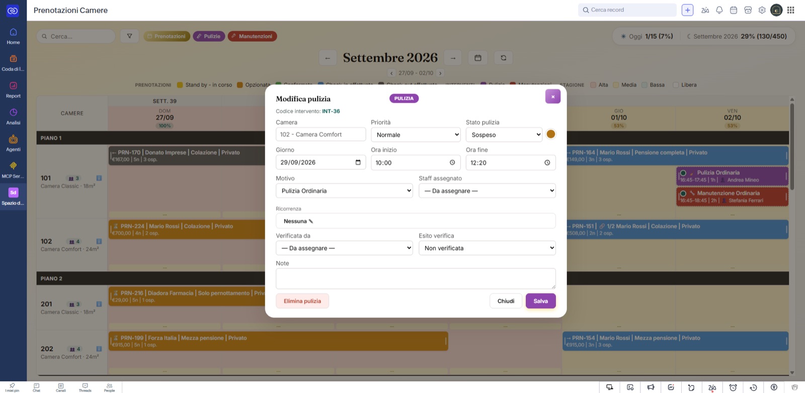 Scheda di modifica di una pulizia nel planning